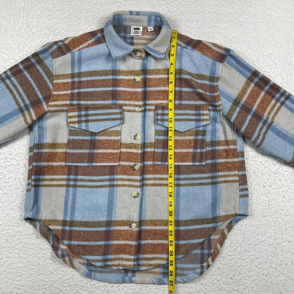 Ford Bronco Flannel Shirt Womens Small Blue Brown Plaid Graphic Back Shacket - Picture 3 of 12